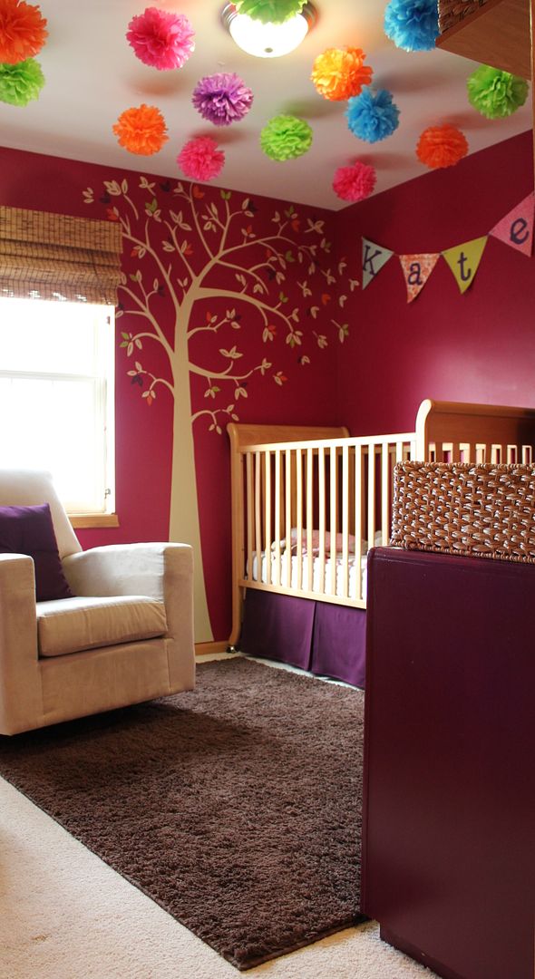 Magenta nursery, tissue poms ceiling, pink and purple nursery, tree decal nursery