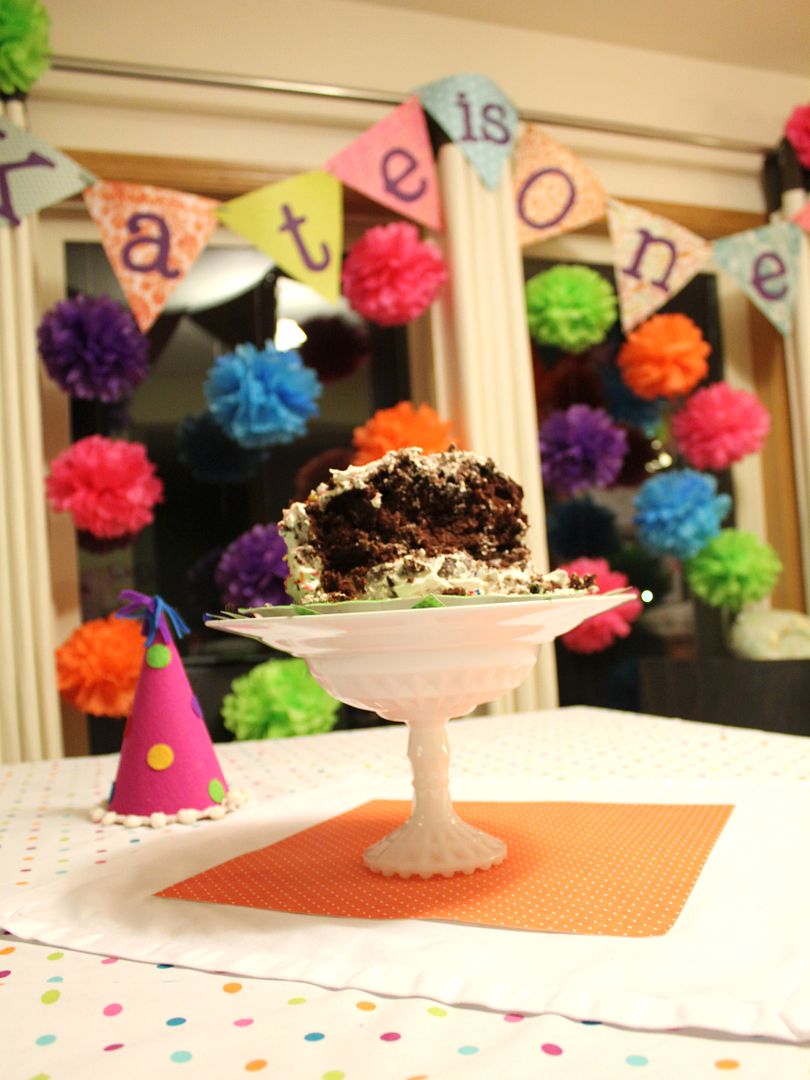 first birthday party cake, colorful birthday party cake, sprinkles birthday smash cake, tissue poms, first birthday party decorations