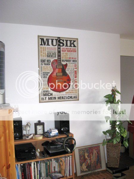 Musik-Poster: Zeigt eine E-Gitarre in Sunburnt Red umgeben von Sätzen warum Musik großartig ist