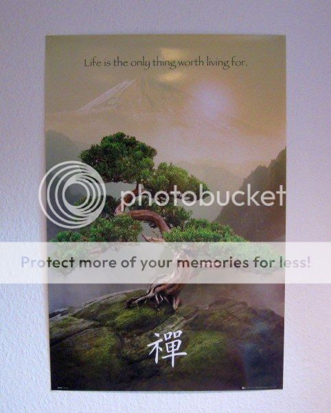 Poster mit der realistischen Malerei einer bonsaiartigen Bergkiefer vor japanischer Landschaft, unten in der Bildmitte ein Schriftzeichen