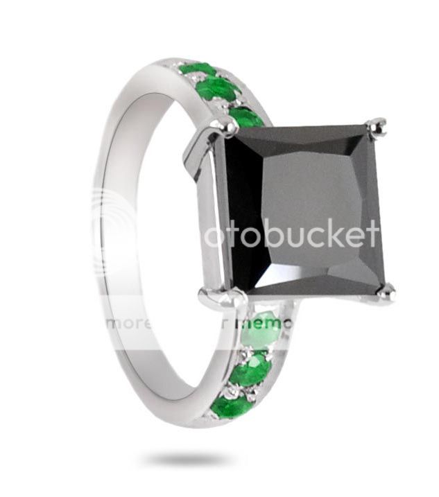 08 Cts Certified Princess Cut Black Diamond Ring with Emeralds