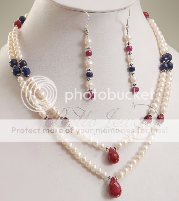 Beaded Double Strand Fresh Water Pearl Necklace with African Rubies 